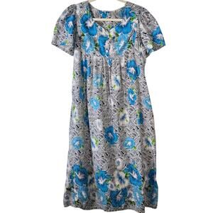 70s Vintage LOUNGEES Cotton Muumuu Tropical Blue Hibiscus Patio Gown Size Medium